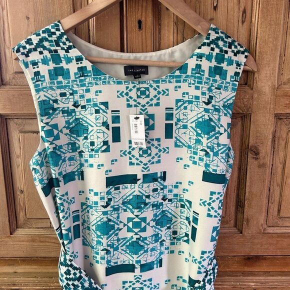 The Limited Size Small Cream Turquoise Blue Shift Dress Sleeveless Belted NWT - Picture 3 of 12